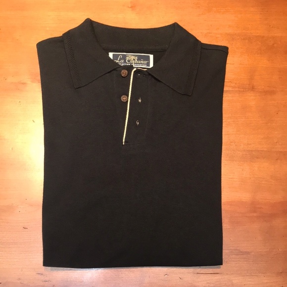 NWOT La Cabaña short sleeve polo shirt, medium, black/gold trim, fancy buttons - Picture 3 of 5
